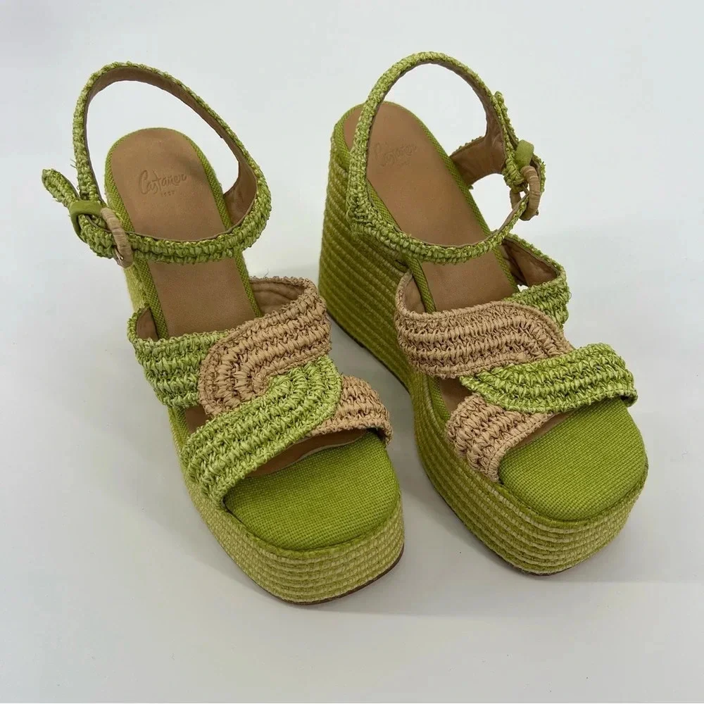 Castaner Fiodora Green Tropical Strappy Colorful Woven Wedges Heels 38